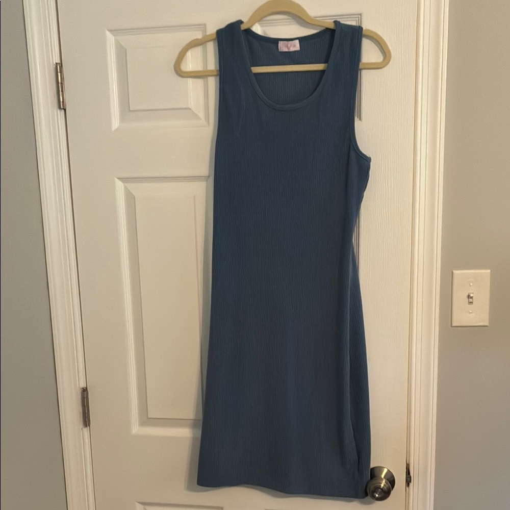 Ribbed Sleeveless Tank Dress in Slate Blue
